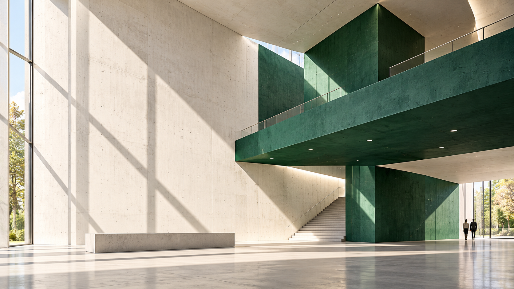 White Concrete Atrium with Forest-Green Mezzanine